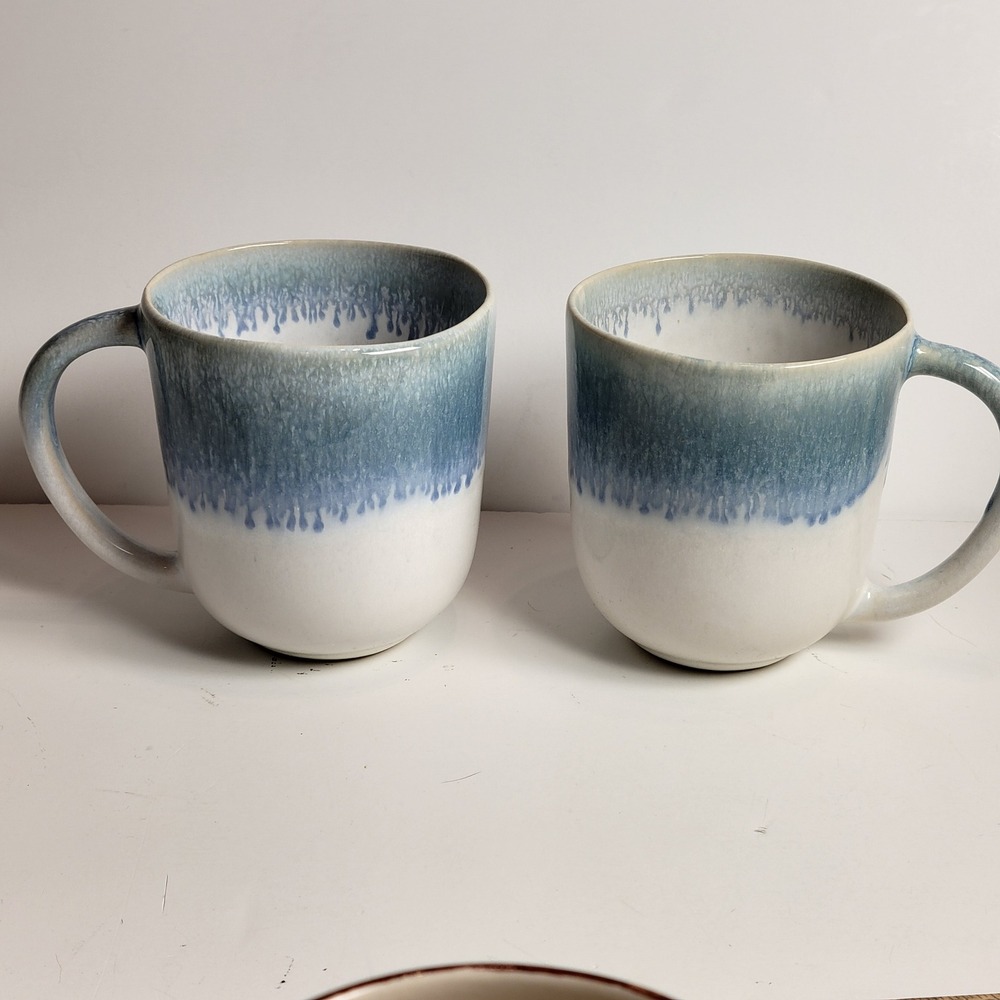 Crate & Barrel Mugs Caspian‎ Blue Drip Stoneware Reactive Glaze Set of 2